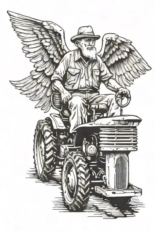 A old man siitting on a old ford tractor with wings tattoo design idea