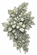 Black and white realism of a half sleeve of parsley in bunches with a bow & a separated branch with leaves and a lemon  tattoo design idea