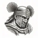 a Greek warrior with a blindfold covering his eyes tattoo design idea