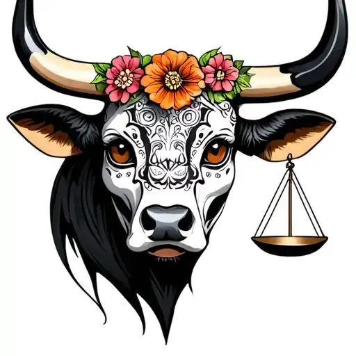 feminine bull with sugar skull markings, brown eyes and two Libra scales and dark background tattoo design idea