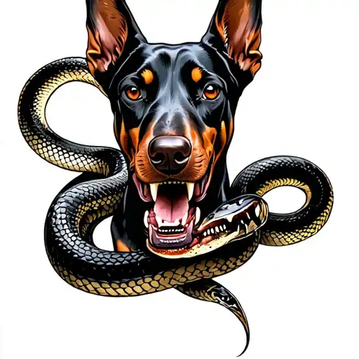 evil doberman dog shwoing teeth with snake showing fangs intertwined  tattoo design idea