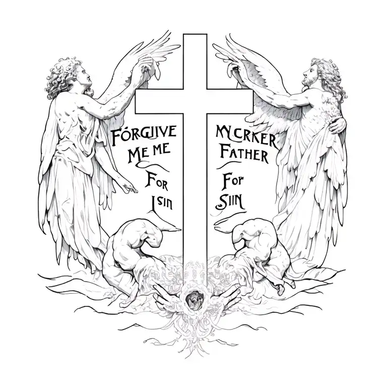 A cross in the middle with angels on one side and demons on the other with the phrase "Forgive Me Father For I Sin"  tattoo design idea