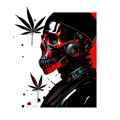 composition A black robot skull with gas mask,in the background a marijuana leaf tattoo design idea