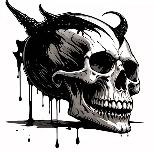 dark demonic skull with black blood flowing down in perspective tattoo design idea