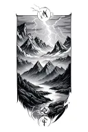 Norwegian myth with mountains, dark clouds,, lightning and runes of the letters M, J and F tattoo design idea