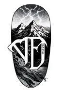 Norwegian myth with mountains, dark clouds,, lightning and runes of the letters M, J and F tattoo design idea