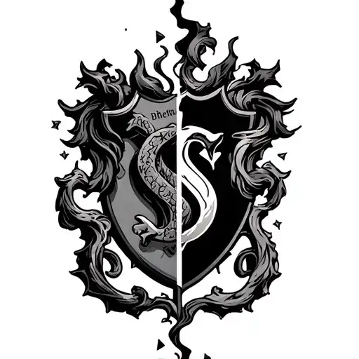 half Slytherin half gryffindor crest with a gryffindor symbol breaking through the Slytherin crest tattoo design idea