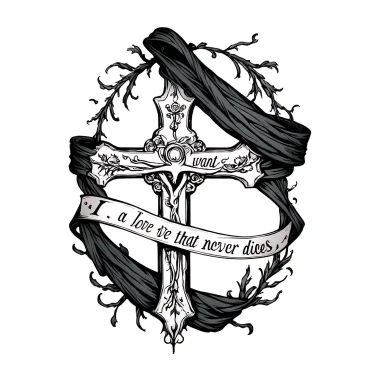 I want a cross with two mourning bands wrapped around it, but on the mourning band it says I want a love that never dies tattoo design idea