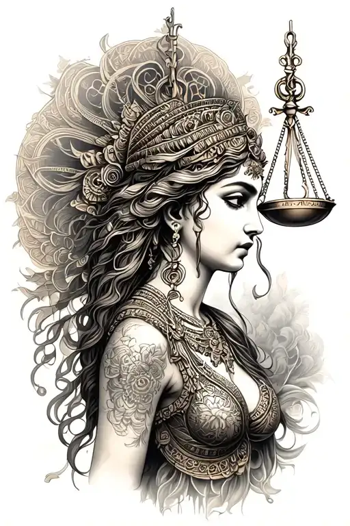 libra Goddess Dark ornamental mixed tattoo design idea