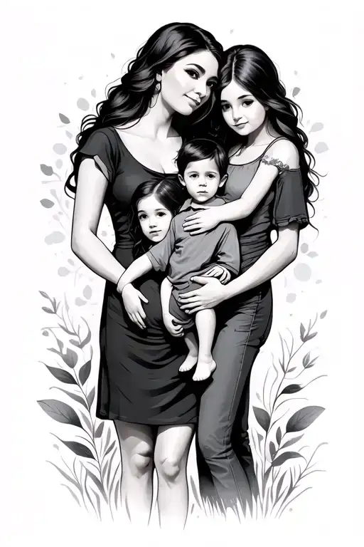 Mom Holding Son and 2 daughters  tattoo design idea