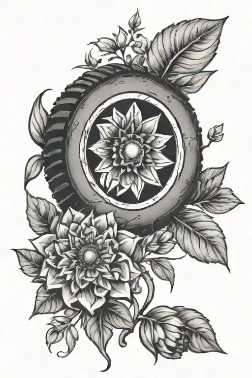 tire and bachelor button flower tattoo design idea