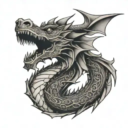Dragon tattoo on neck, black and white. Aggressive face, open mouth, horns, body wraps down to collarbone with scales tattoo design idea