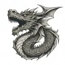 Dragon tattoo on neck, black and white. Aggressive face, open mouth, horns, body wraps down to collarbone with scales tattoo design idea