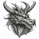 Dragon tattoo on neck, black and white. Aggressive face, open mouth, horns, body wraps down to collarbone with scales tattoo design idea