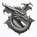 Dragon tattoo on neck, black and white. Aggressive face, open mouth, horns, body wraps down to collarbone with scales tattoo design idea