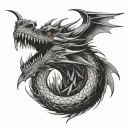 Dragon tattoo on neck, black and white. Aggressive face, open mouth, horns, body wraps down to collarbone with scales tattoo design idea