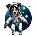 A space-themed dog astronaut floating in zero gravity surrounded by celestial bodies tattoo design idea