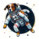 A space-themed dog astronaut floating in zero gravity surrounded by celestial bodies tattoo design idea