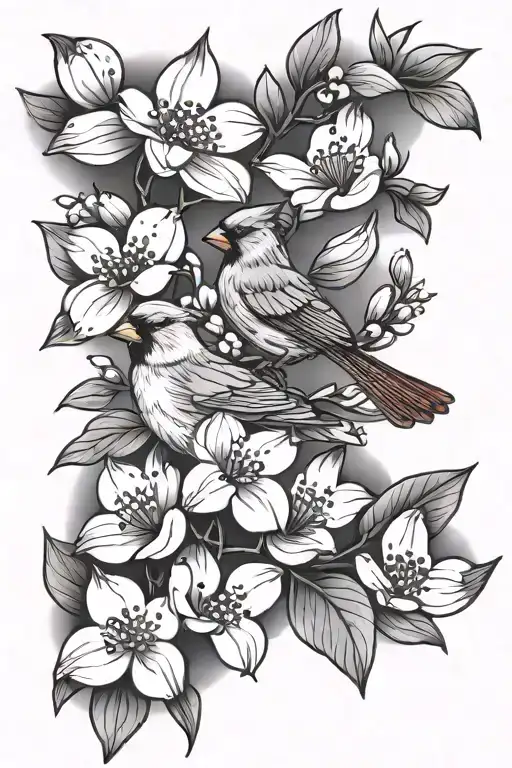 dogwood flower and cardinal perched tattoo design idea