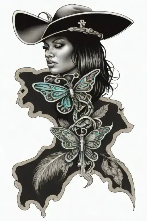 Cerebral palsy awareness ribbon entwined within a butterfly and a catholic cross with western cowgirl, equine background tattoo design idea