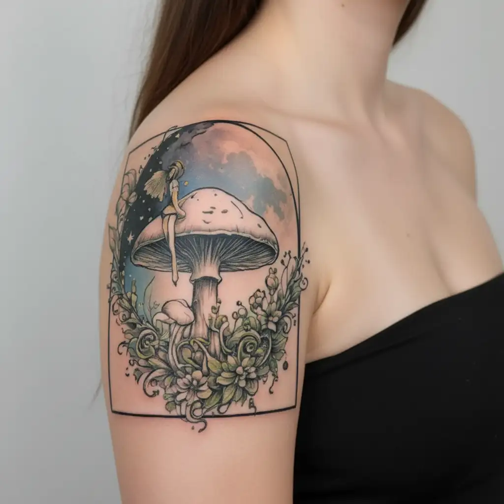 fairys with crystals and mushroom giant moon tattoo design idea
