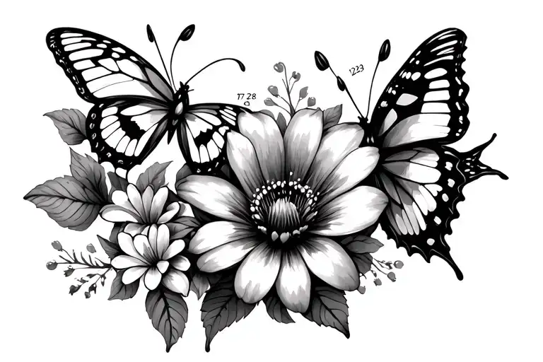 flowers and butterflies with roman numeral 07 28 1993 tattoo design idea