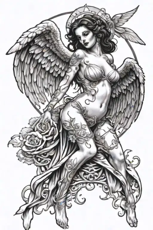 Sexy Angel, pale skin, Big breasts, Wide Hips, Angel wings, Halo, G-String, Revealing bra, Sexual, Bloody, Seductive. tattoo design idea