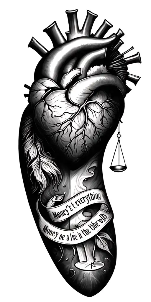 tattoo with balance heart and head and with text about money isn't everything in the world tattoo design idea