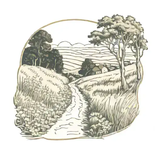old A narrow road cuts through wild fields in the dim light of a summer evening. The scene is almost in shadow, featurin tattoo design idea