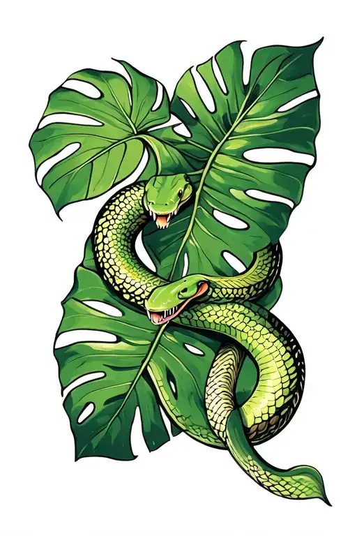 monstera leaf and snake intertwined tattoo design idea