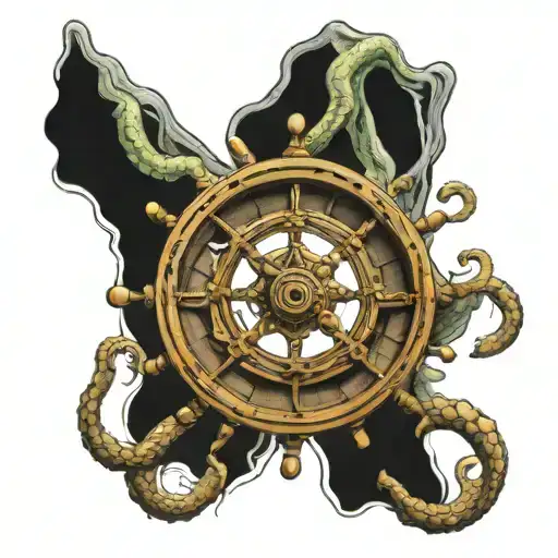 ship wheel wrapped by kraken tentacles emerging tattoo design idea