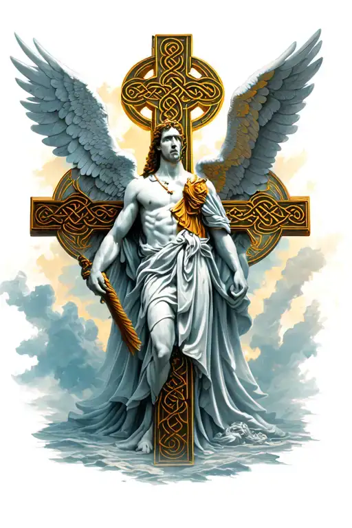Archangel Michael with wings standing in front of Celtic cross  tattoo design idea