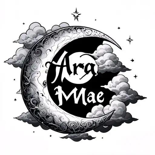 Arya Mae written inside of crescent moon surrounded by clouds  tattoo design idea