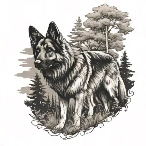 long haired german shepherd dog looking back at me on a forest trail tattoo design idea