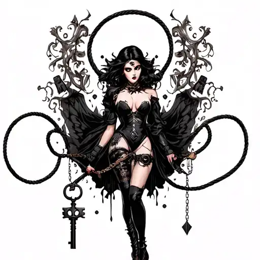 A powerful dominatrix figure with a whip and a key, surrounded by elements of bondage and control tattoo design idea