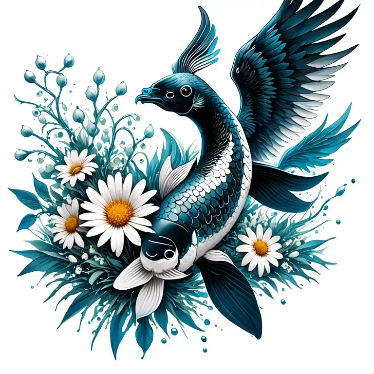 jumping Up out of water black white koi with phoenix wings, bouquet with an aster, a daisy, a lily of the valley tattoo design idea