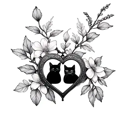 A branch of delicate flowers and leaves, and a locket with my two cats inside each heart. i want you to connect the idea tattoo design idea