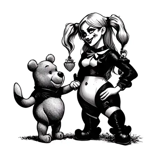 harley quinn holding the hand of winnie the pooh standing tattoo design idea