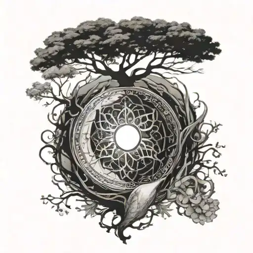 male back tattoo + chakra" + tree of life yggdrasil +. yin and yang of moon + monk meditation tattoo design idea