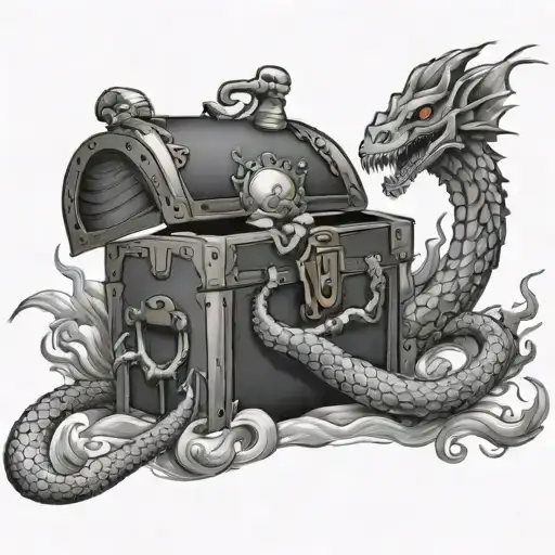 sea monster protecting treasure chest tattoo design idea