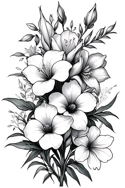 honey suckle, gladiolus, morning glory, cosmos, narcissus tattoo design idea