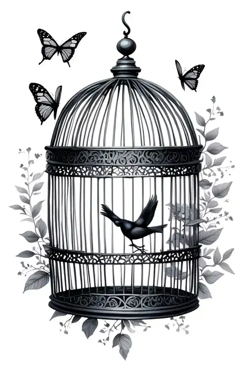 Bird cage and butterflies flying tattoo design idea