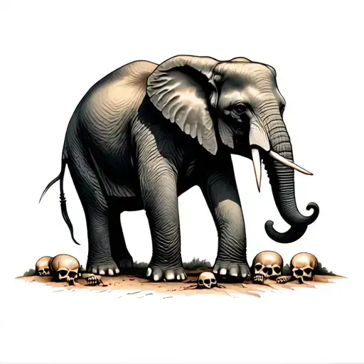 The elephant goes along the road and under the feet of skulls and bones of people tattoo design idea