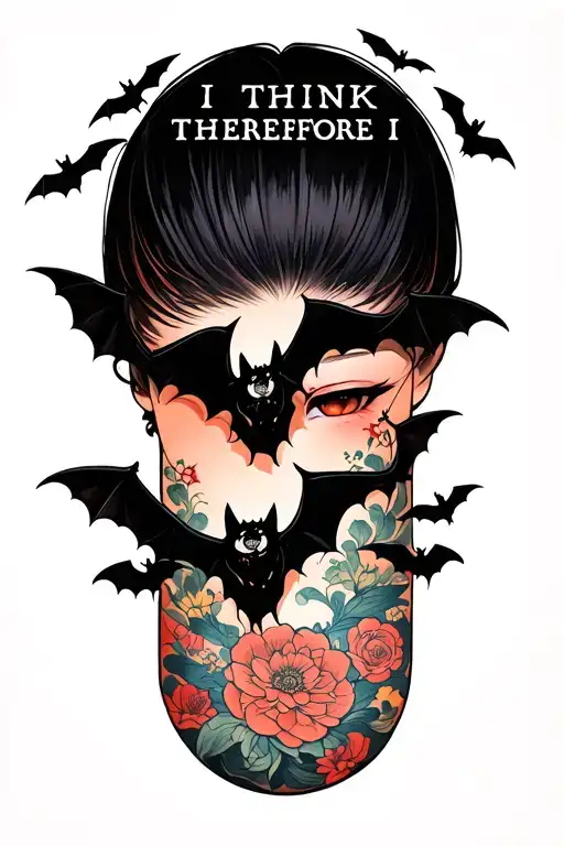 "I think therefore I am" spelled surrounded by bats  tattoo design idea