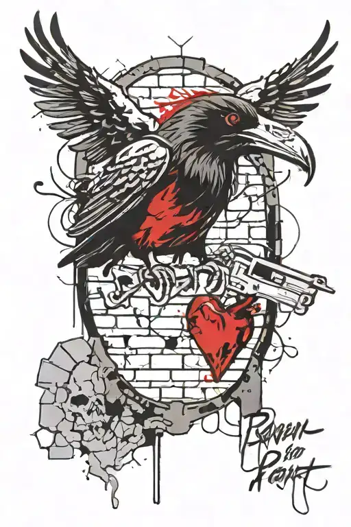 raven, human heart, brick wall being built, skull tattoo design idea