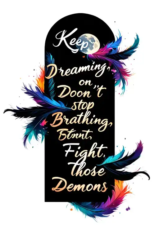 Quote in cursive: "Keep on dreaming. Don't stop breathing. Fight those demons." Pretty, colorful, moon, feathers tattoo design idea