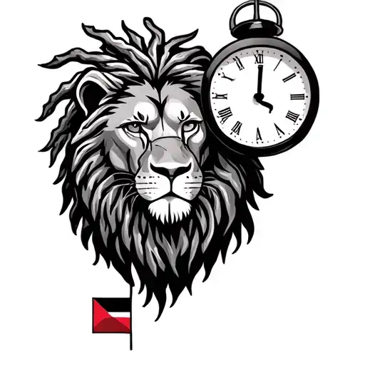 lion with dreadlocks with Trinidad flag in eyes holding clock stopped at 17.41 tattoo design idea