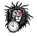 lion with dreadlocks with Trinidad flag in eyes holding clock stopped at 17.41 tattoo design idea
