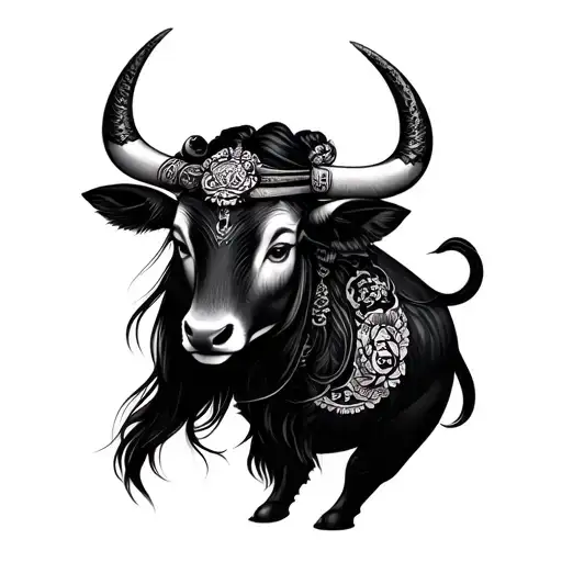 traditional Vietnamese woman with Chinese zodiac ox tattoo design idea