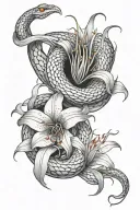 a snake design wrapping around a spider lily flower tattoo design idea